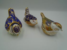 3 Royal Crown Derby bird paperweights with gold stoppers - Wye Blue Tit,  Collectors Guild Firecrest