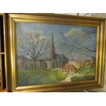 Oil on canvas of a Scandi church 115x90cm in gilt frame