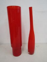 2 red glass vases 49cmH