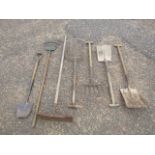 Garden tools to include potato fork and shovels