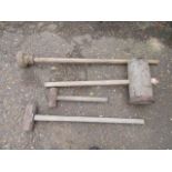 2 Sledge hammers, large wooden mallet and rammer
