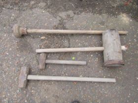 2 Sledge hammers, large wooden mallet and rammer