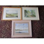 3 Landscape watercolours, 2 signed. Framed and glazed 45cm x 55cm approx