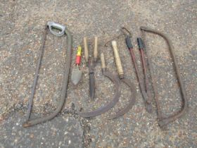 Sickles, hedge shears and saws etc