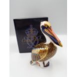 Royal Crown Derby Brown Pelican paperweight with gold stopper, approx 13cm tall, boxed