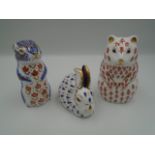 Royal Crown Derby Hamster, Chipmunk and Rabbit paperweights, all with gold stoppers, tallest