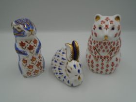 Royal Crown Derby Hamster, Chipmunk and Rabbit paperweights, all with gold stoppers, tallest