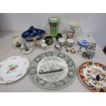 Maling jug, vase and basket, Adams 'Shipping' plate, Masons candle snuffer. mini bell and teapot,