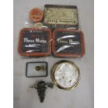 Greyhound press buttons, Strattons compact, gothic cork screw and vintage tins