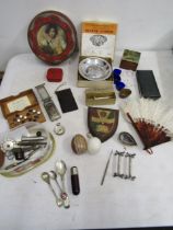 Collectors lot to inc bone spheres, feather fan, vintage implements, tine etc etc