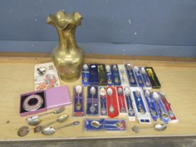 Brass vase, collectable teaspoons and compact etc