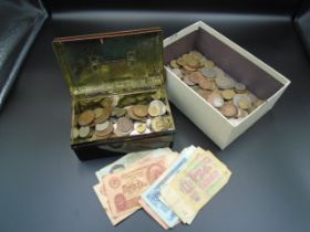 Box of british coinage to incl 1/3 "silver", 1/3 thrift, 1/3 "copper" plus a tin money box of