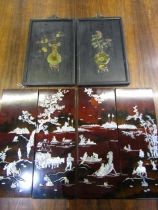 4 panel lacquered Oriental m.o.p detail table screen and 2 jade detail pictures