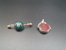 A vintage gold (not hallmarked, but tests as 9ct gold)  Diamond and bloodstone bar brooch, and a