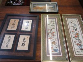 Oriental silk pictures, cork diorama and a framed 4 print picture