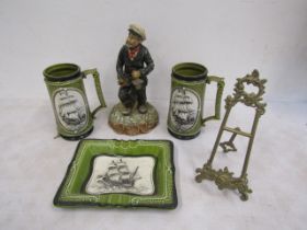 Tankards, a figure. plate and 2 steins, all relating to ships plus a brass stand