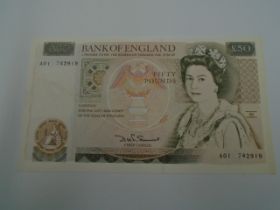 £50 Bank of England note, A01 742919, cashier D H F Somerset (crisp)