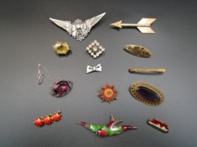 A collection of 13 vintage brooches, bird brooch missing pin on the back