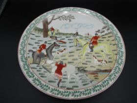 A fine hunting charger with raised applied enamel 12"D possible studio pottery by John Singleman?