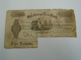 £5 Stockton on Tees Bank note, no. ac0079, Jonathan Backhouse & Co cr 1880/90, cut cancelled