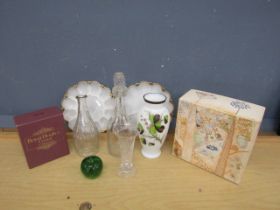 Boxed Royal Doulton crystal glass, decanter and apple paperweight etc