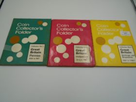 3 x Coin collector's folders 1d/1/2d and 1/ - /6 (not all coins present)
