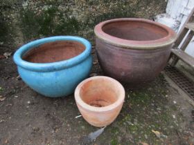 3 Ceramic garden pots. Largest H37cm approx