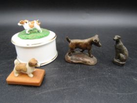 Terrier trinket pot, 3 small resin dog ornaments and a metal whippet figure stamp on small bronzed