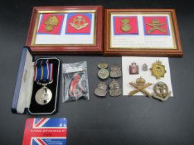 National service medal and ARP badges and Desert Rats patch