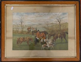 Framed and glazed watercolour of a hunting scene titled "First Brush"