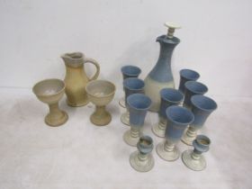 Pottery drinking sets – blue decanter, goblets and candlesticks are from Avebury.  The jug and