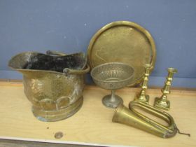 Brass horn, candle sticks and coal bucket etc