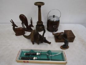 Treen animals, biscuit barrel, horn carving set etc