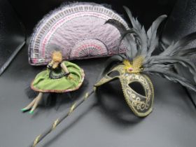 Handmade silk cushion, 'Hortense' hippo and hand held decorative mask