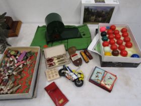 A collection games inc billiard balls, roulette, peg dolls etc