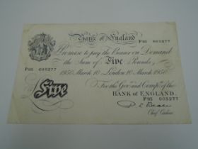 £5 (white) Bank of England Note, P95 005277, 10th March 1950, P S Beale chief cashier, (small nick