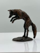 Bronze fox sculpture pouncing, unsigned,  9cm tall