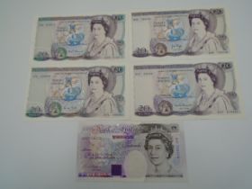 5x £20 Bank of England Notes, numbers D56 785449 cashier J Page, numbers E47 370341 and 64A 512510