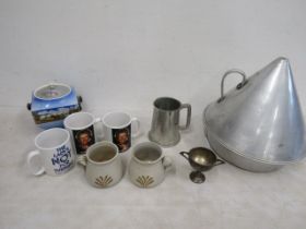 Margarette Thatcher mugs, 2 studio pottery mugs, vintage biscuit barrel, a tankard and a tin tagine