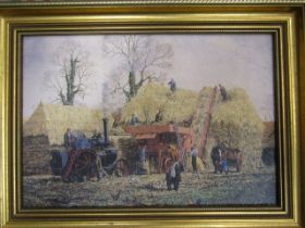 A print of a threshing scene in gilt frame