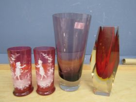 Mary Gregory cranberry glasses and 2 vases