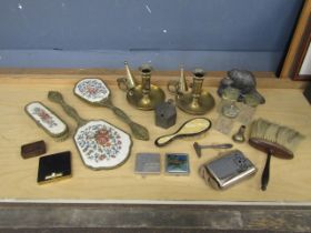 Pair of brass candle sticks, compacts and dressing table set etc