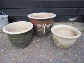 3 Ceramic garden pots. Largest H37cm approx