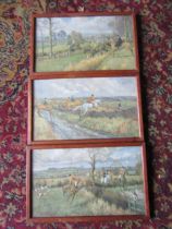 Set of 3 framed and glazed hunting prints 22cm x 35cm approx