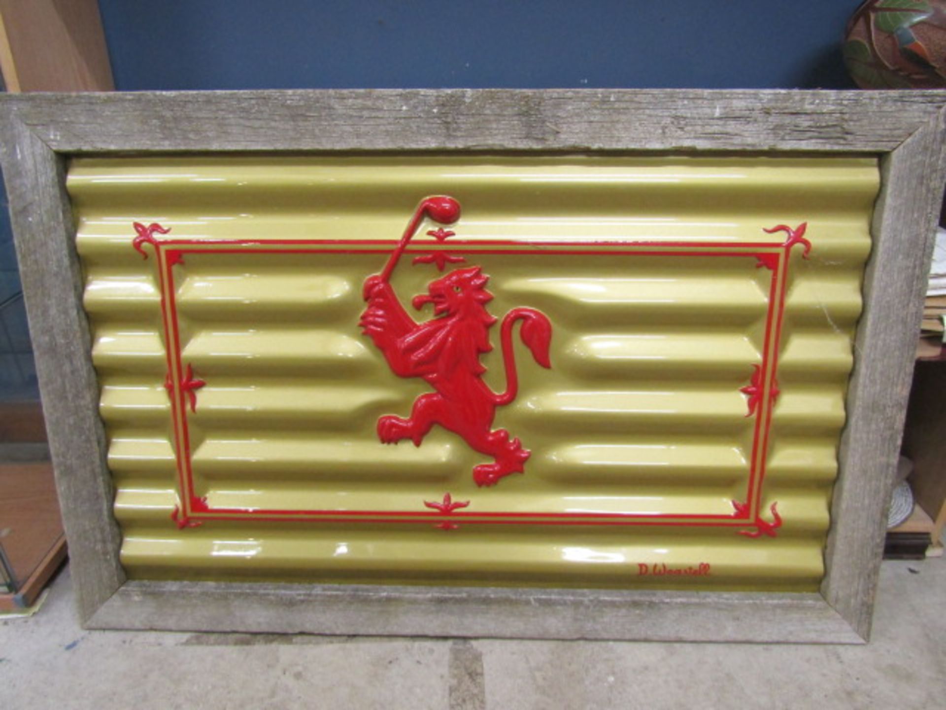 Scottish Rampant Lion with golf club on corrugated sheet with a rustic wooden frame 120x78cm approx