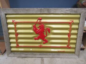 Scottish Rampant Lion with golf club on corrugated sheet with a rustic wooden frame 120x78cm approx