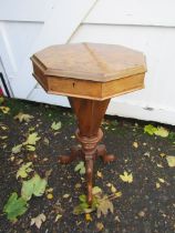 Octagonal work table with Burr walnut top and contents H72cm approx