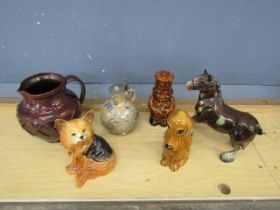 Ceramic jugs, flour sifter, dogs and horse etc