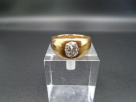 18ct gold and 1ct oval cut  diamond ring, stamped G B 18, historic repair, gross 11.13g, size P