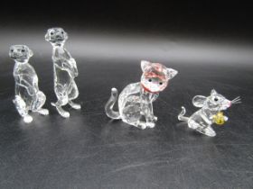 Swarovski set 2 Meercats (7cmh) a mouse and a cat, all boxed with certs mouses tail has since been